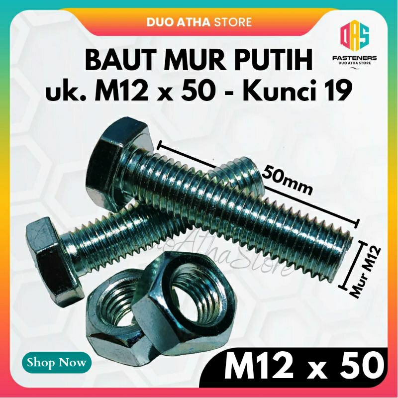 Jual BMP M12x50 BAUT MUR PUTIH M12 X 50mm HEX GALVANIS | Shopee Indonesia