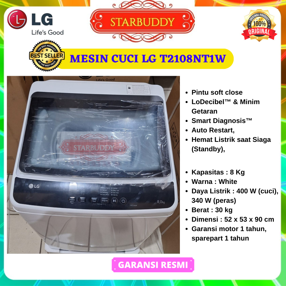 Jual MESIN CUCI LG T 2108 NT1W T2108NT1W TOP LOADING 8 KG | Shopee ...