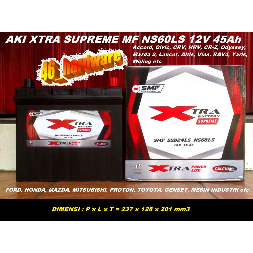 Jual AKI MOBIL XTRA SUPREME NS60LS 55B24LS 12V/45Ah VIOS CRV LANCER