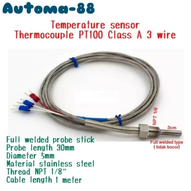Jual Temperature Sensor PT100 Drat NPT 1/8 Probe 30mm 3cm Full Welded 3 ...