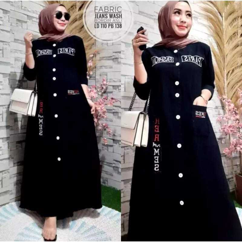 Gamis Jeans Terbaru Premium  Elegan Masa Kini Mix Kancing