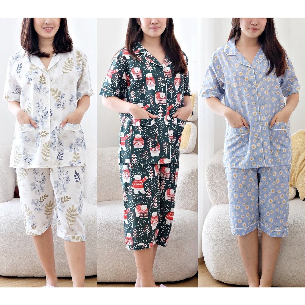 Jual Setelan Baju Tidur Piyama Wanita Oneset Kemeja Lengan Pendek ...
