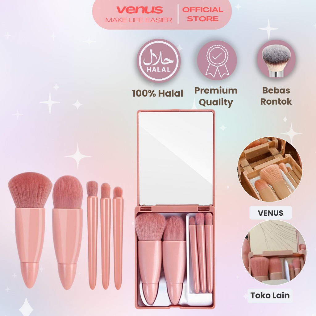 Jual VENUSJKT 5Pcs Set Kuas Makeup + Tempat Box + Cermin / Set Makeup