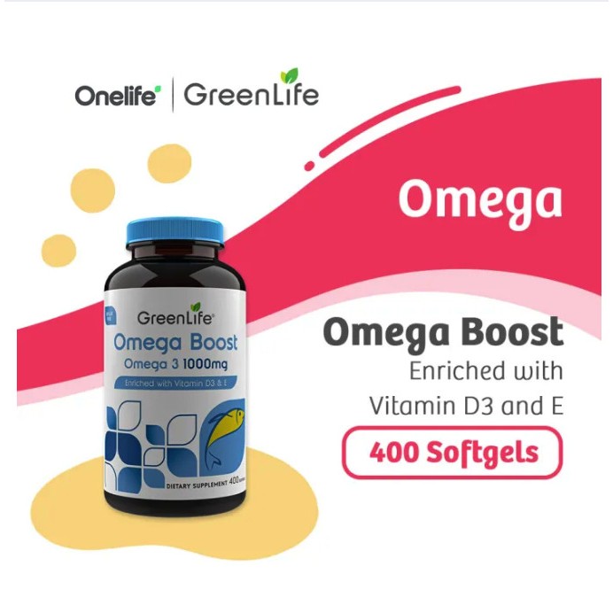 Jual GreenLife Omega Boost Omega 3 1000mg + Vitamin D3 + E , 400 caps