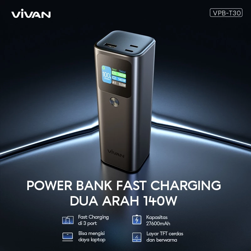VIVAN Smart Powerbank 27600mAh VPB-T30 3 Output Fast Charging 140W PD QC 3.0 Support Notebook Garansi 18 Bulan