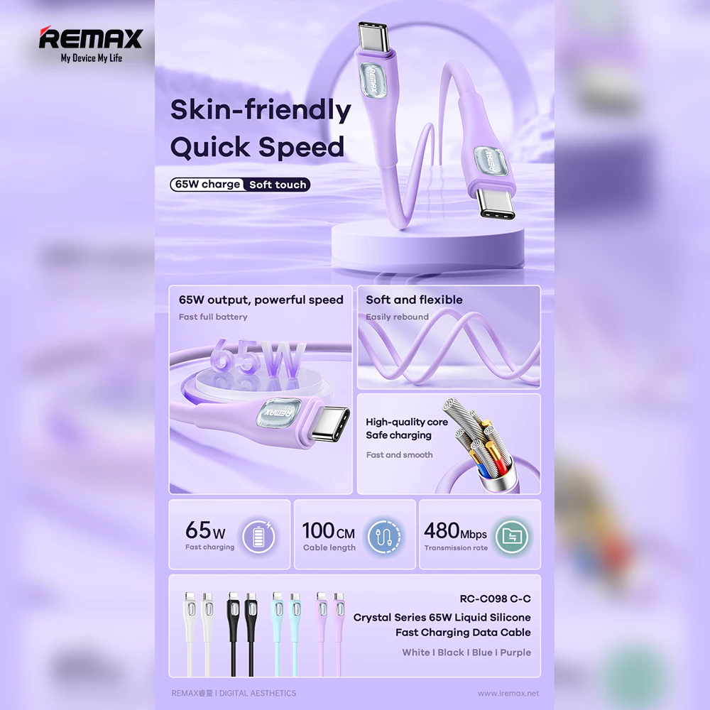 Remax Cable Data Type-C to Type-C 65W 1M Liquid Sillicone RC-C098CC