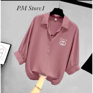 Blouse Wanita Leher V Logo Samping Kemeja Wanita V Korean Style Baju Wanita Lengan Balon 3 4