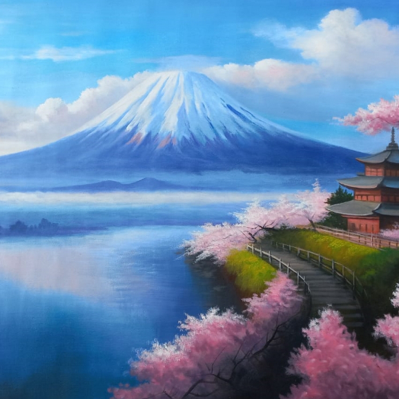 Jual Lukisan Gunung Fuji dengan Bunga Sakura Jepang yang Indah