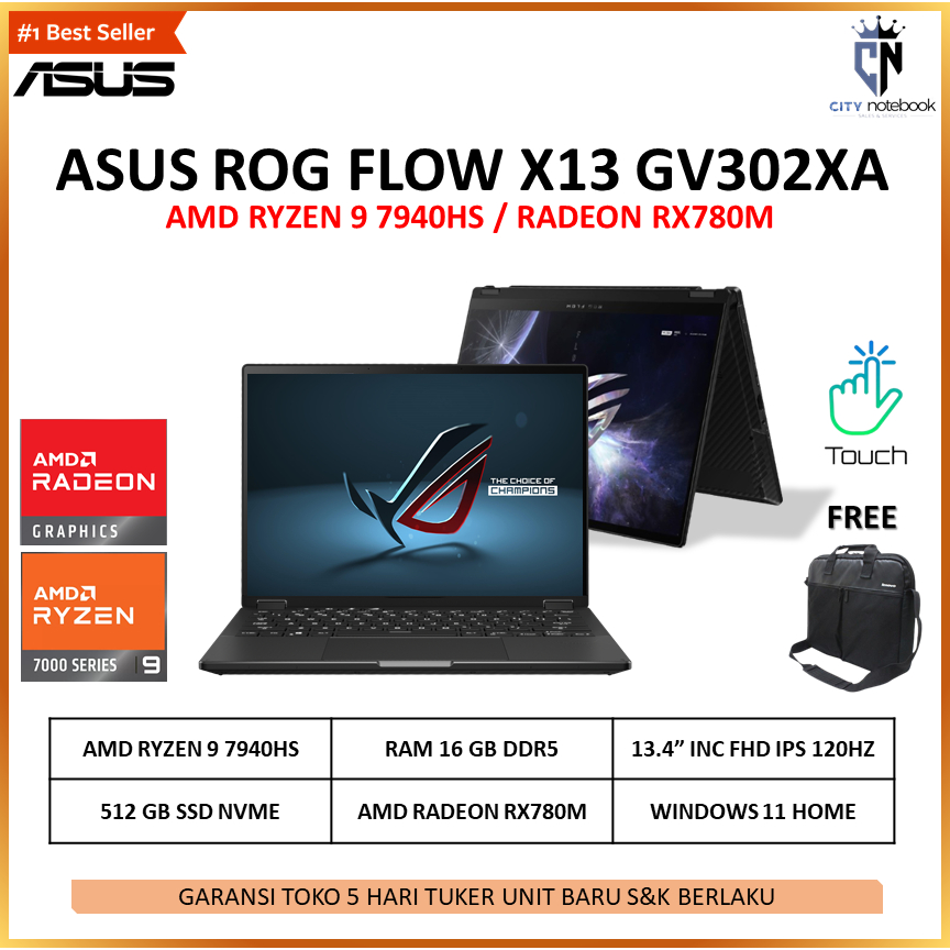 Jual ASUS ROG FLOW X13 GV302XA TOUCH RYZEN 9 7940H RX780M 16GB 512GB SSD W11 13.4 FHD IPS 120HZ