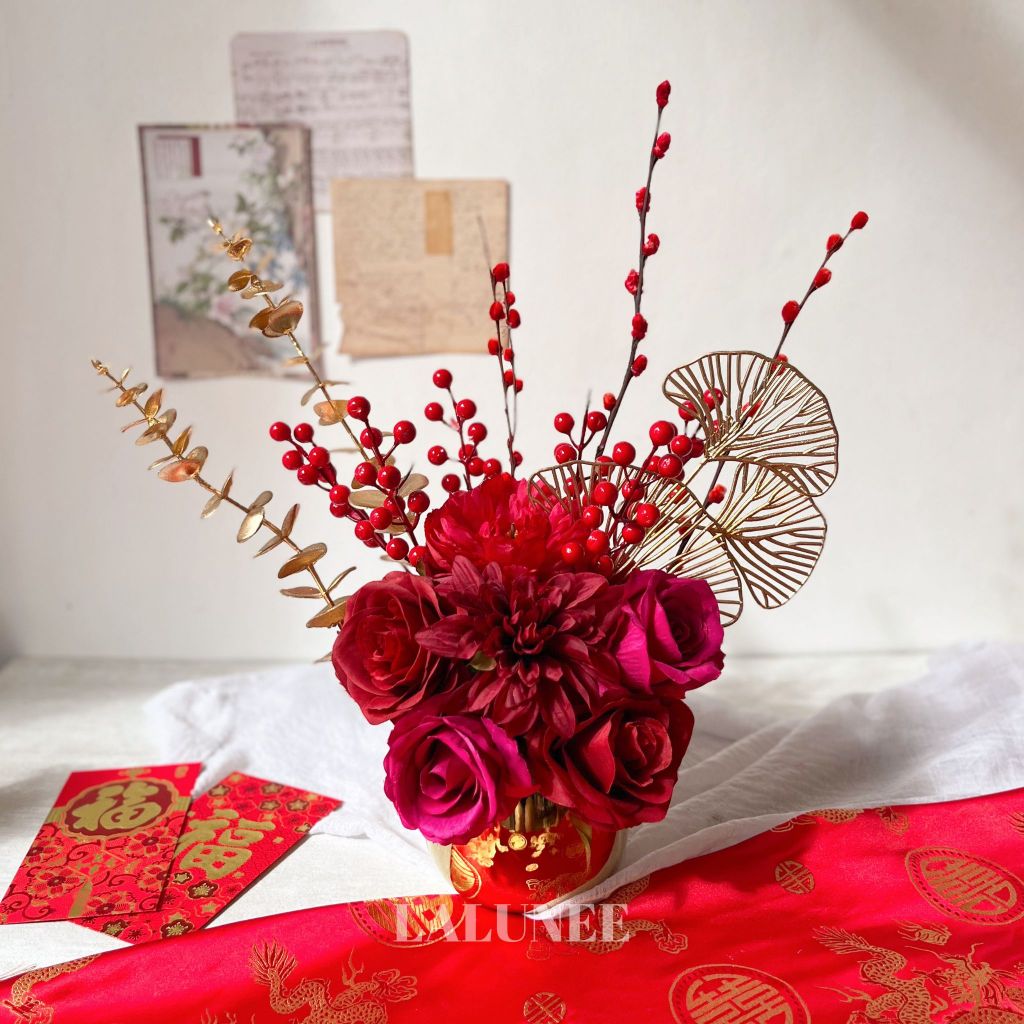 Jual Rangkaian Bunga Imlek - Hiasan Pot Bunga Imlek Gold - CNY Flower