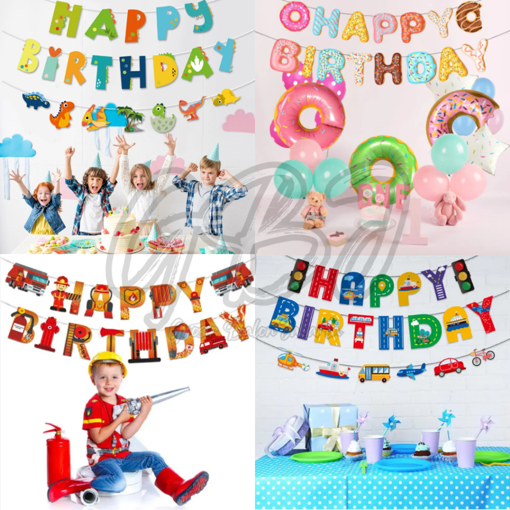 BANNER Happy Birthday Karakter (Astronot, Transportasi, Engineering, Damkar, Dino, Bunga, Donat, Strawberry, Circus, Bear, Bajak Laut, dll)