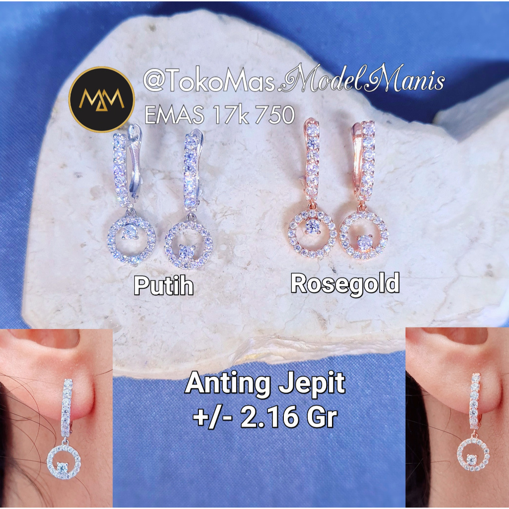 Jual Anting Jepit Gantung Ring Diamond Looks Emas Putih Rosegold 750