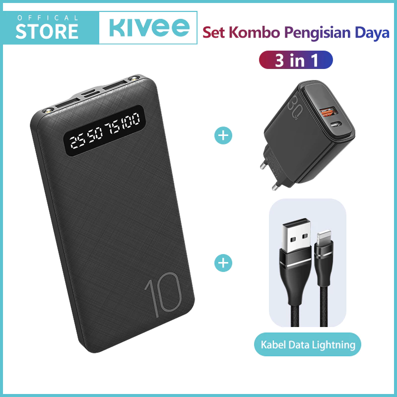 KIVEE Powerbank mini 10000 mah With Charger kabel data fast charging three-piece set