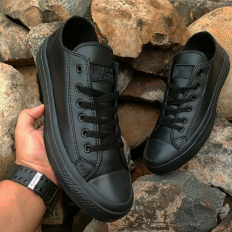 Sepatu Converse Allstar Kulit Full Black Low Chuck Taylor Grade Original Made in Vietnam High Quality