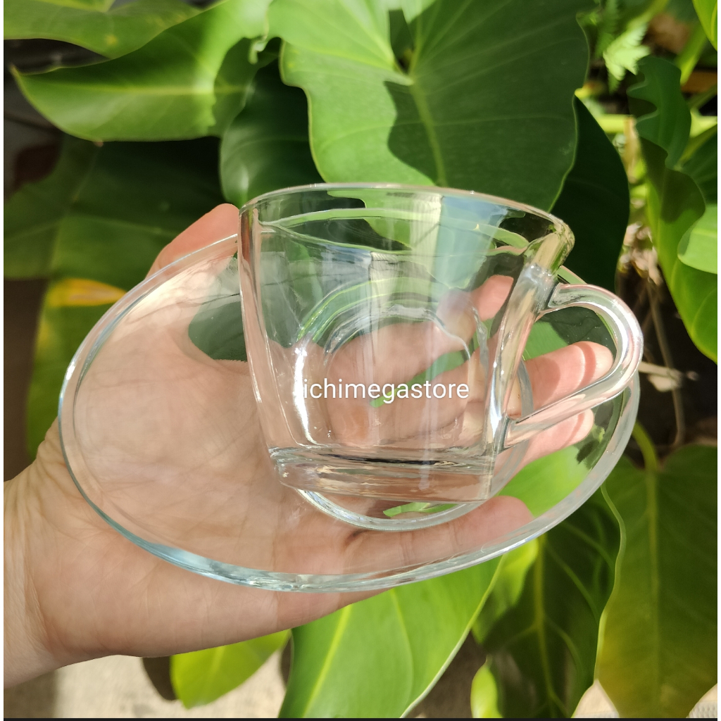 ICHIMEGASTORE Cangkir Kaca Aesthetic Coffee Glass Set Dengan Tatakan Fin Shape Mug