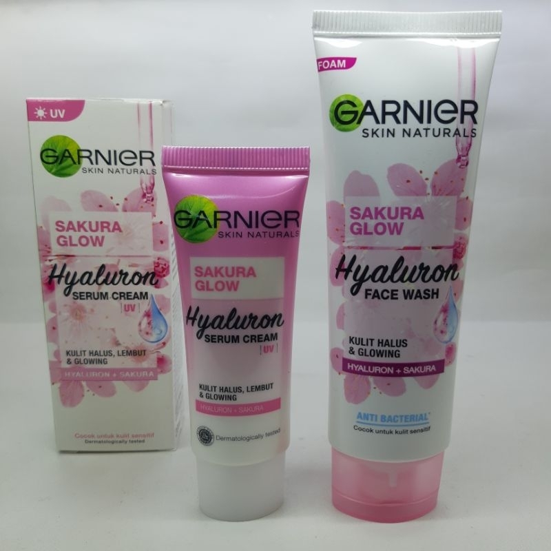 Jual Paket 2in1 ) Garnier Serum Cream Sakura Glow Dan Face Wash 50ml Cocok Untuk Kulit Sensitif