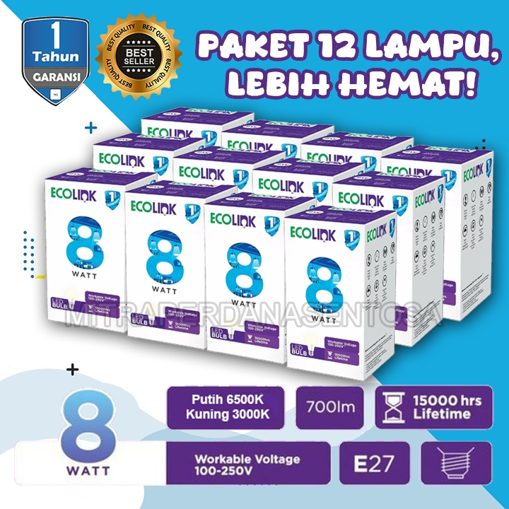 Jual Paket 12 Pcs Lampu Led Ecolink Bohlam Bulb 8 Watt 8w 8 W 8watt