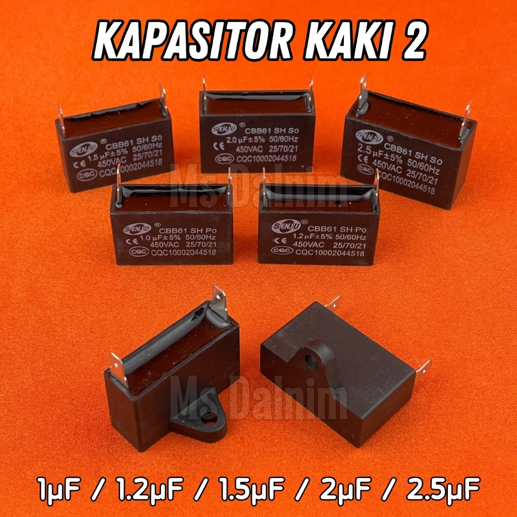 Jual Kapasitor Fan AC Pin Kaki 2 Skun 1 1,2 1,5 2 2,5 uF Mikro Kotak CBB61 Capasitor Kipas