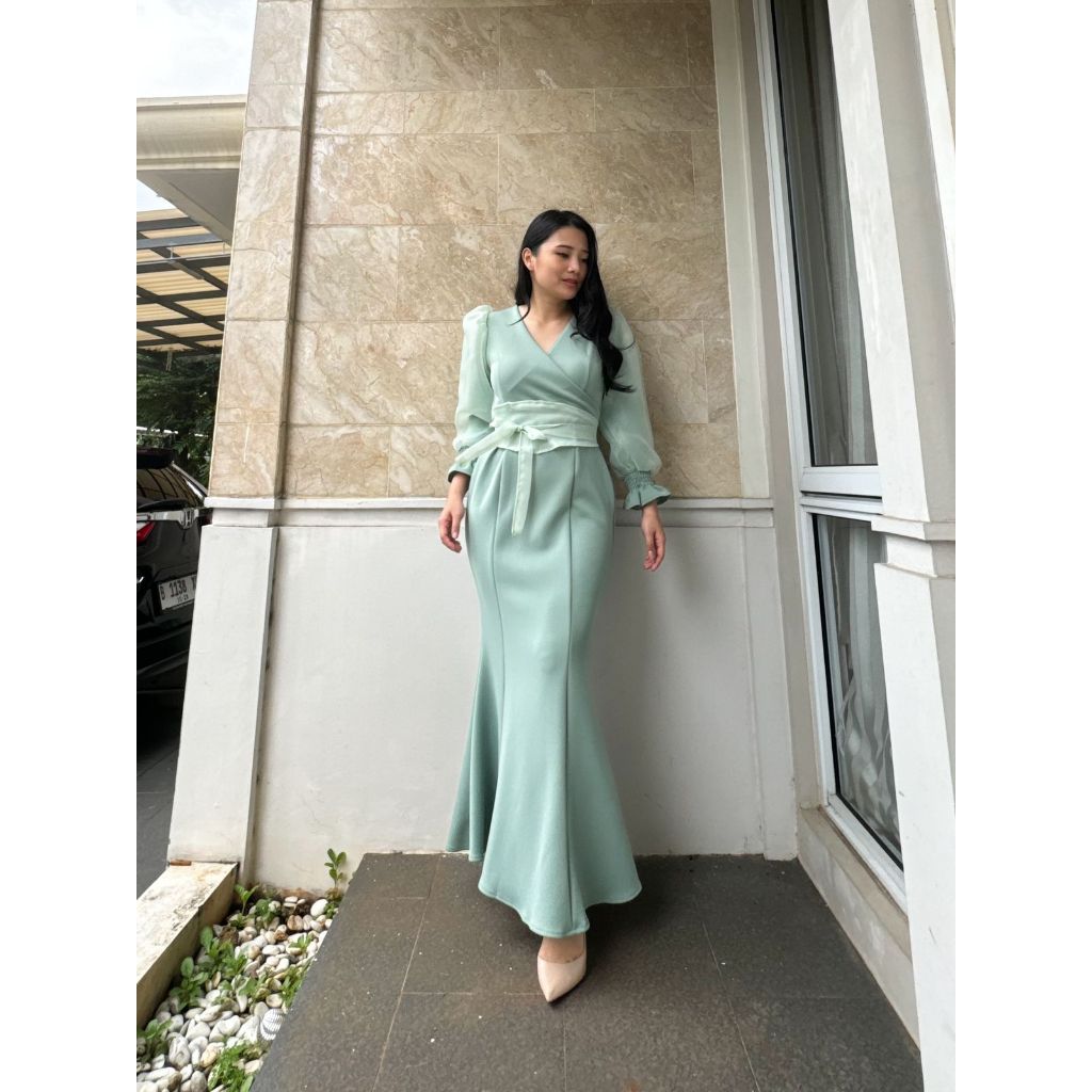 Jual Dress Scuba Kombinasi Organza Dapat belt organza 727 Gaun panjang duyung Mydress collection Shopee Indonesia