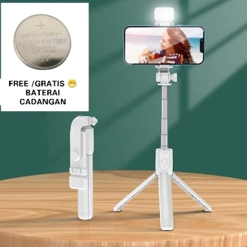 Tripod Tongsis Bluetooth 4 IN 1 Flash Light Tripod Bluetooth Selfie Stick LED Flash Selfi Stik