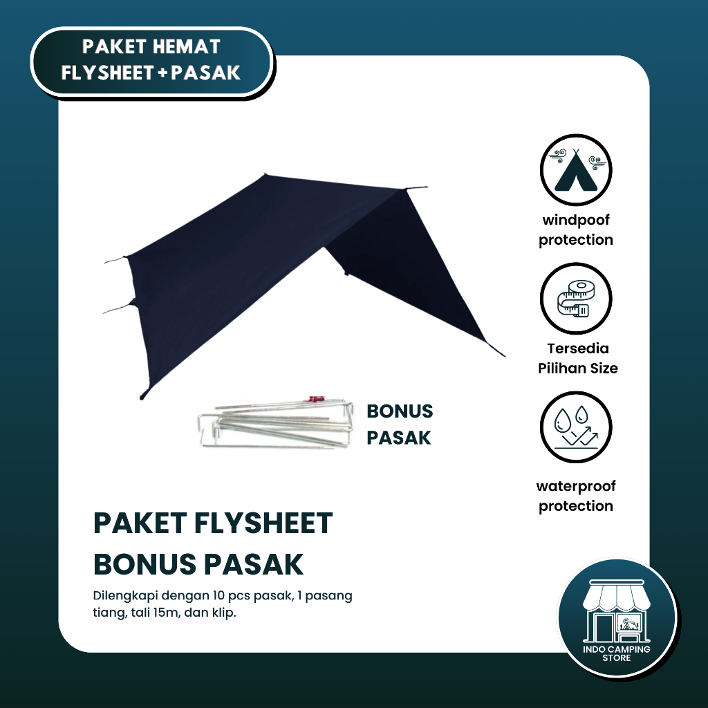 (LEBIH HEMAT) Paket Flysheet + Pasak 10 Pcs Tarptent Atap Alas Tenda Camping