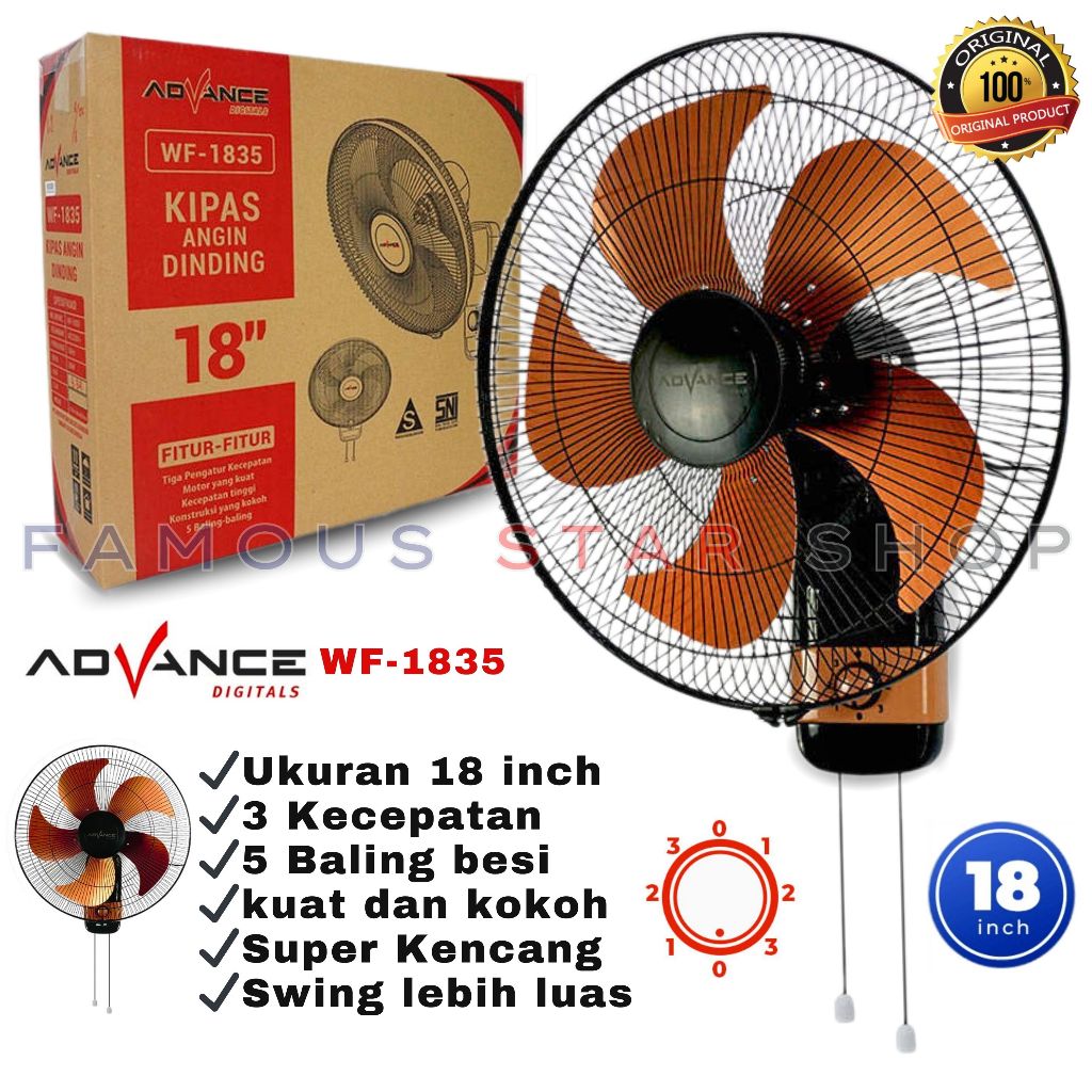 Jual Kipas Angin Dinding Besi 18 Inch Advance Wf 1835 Tornado Wall Fan 5 Baling Gold Tali Tarik 2301