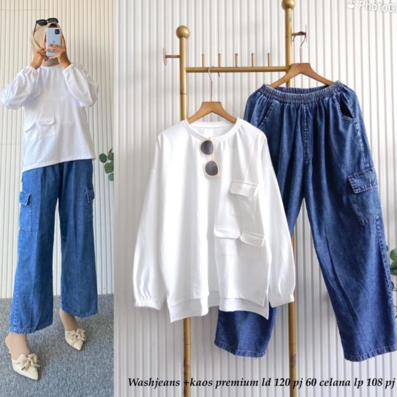 Jual Setelan celana wash jeans+ kaos premium ld 120 // setcel kaos ...
