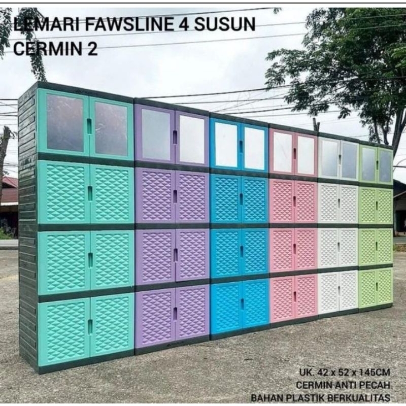 Jual Lemari Plastik 4 susun Fawsline 2 cermin || Lemari baju 4 tingkat