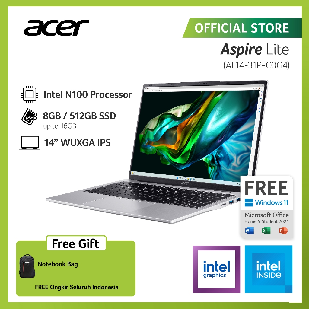 Jual ACER LAPTOP ASPIRE LITE AL1431PC0G4 14" WUXGA INTEL N100 RAM 8GB