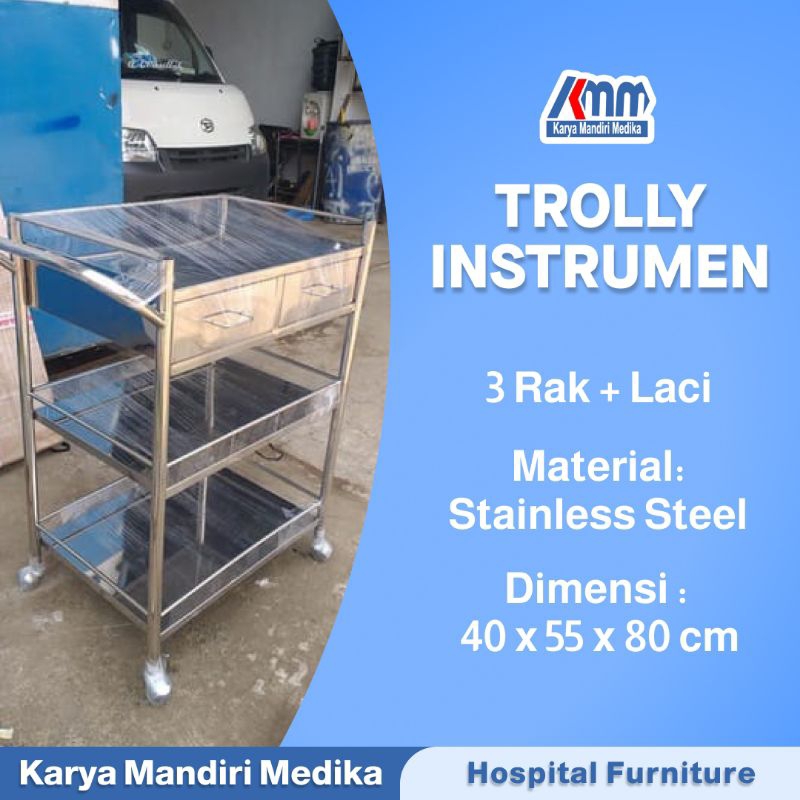 Jual Meja Instrumen 3 Rak 2 Laci Trolley ( Stainless ) Troli Tindakan ...