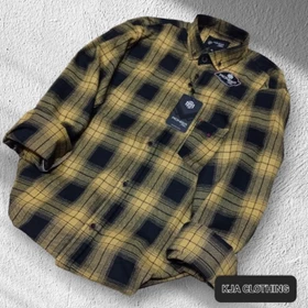 Kemeja Flanel Motif Kuning Garis Hitam M L Xl Flanel Unisex Lengan Panjang