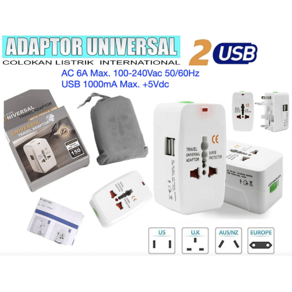Jual Colokan Adaptor + 2 USB Travel Universal Internasional / UNIVERSAL ...