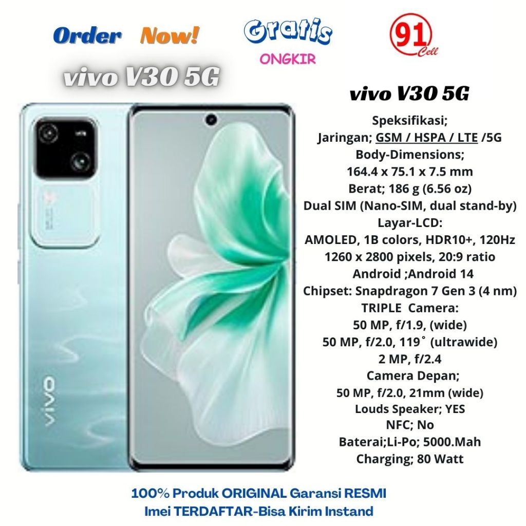 Vivo V30 5G Ram8+8/256Gb Garansi Resmi 1Tahun