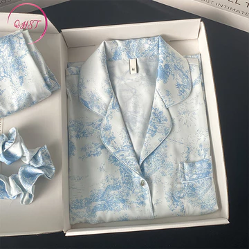 QHST Piyama Wanita Renda Hijau Pola Set Satin Import Pajamas Wanita Baju Tidur Wanita Dewasa