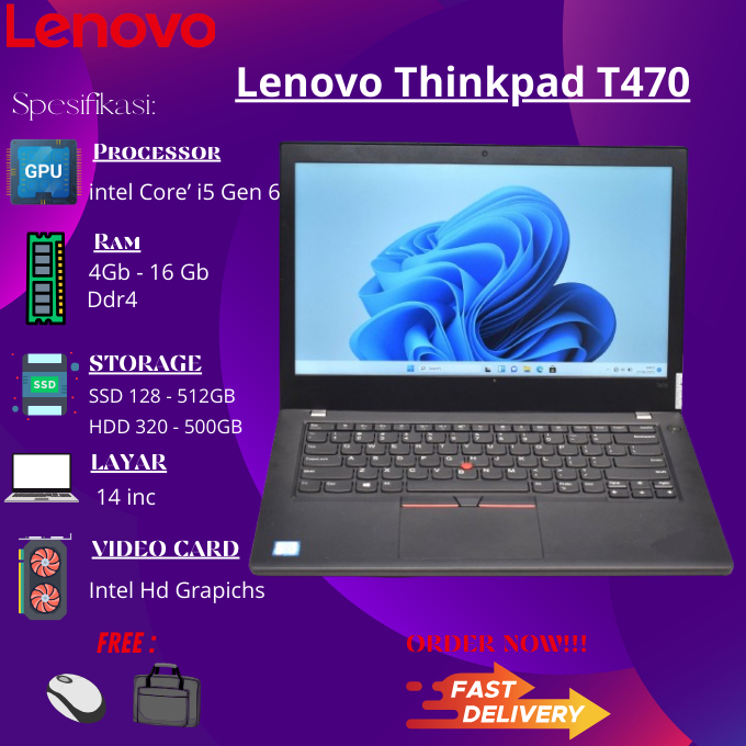 Laptop Lenovo ThinkPad T460 Core I5 Ram 8GB SSD 256GB Murah Bergaransi