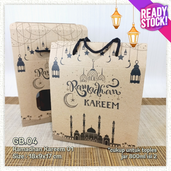 [GB.04] HAMPERS GABLE BOX RAMADHAN KAREEM 01 18x9x17 DUS TOPLES JAR 800ml KUE LEBARAN IDUL FITRI