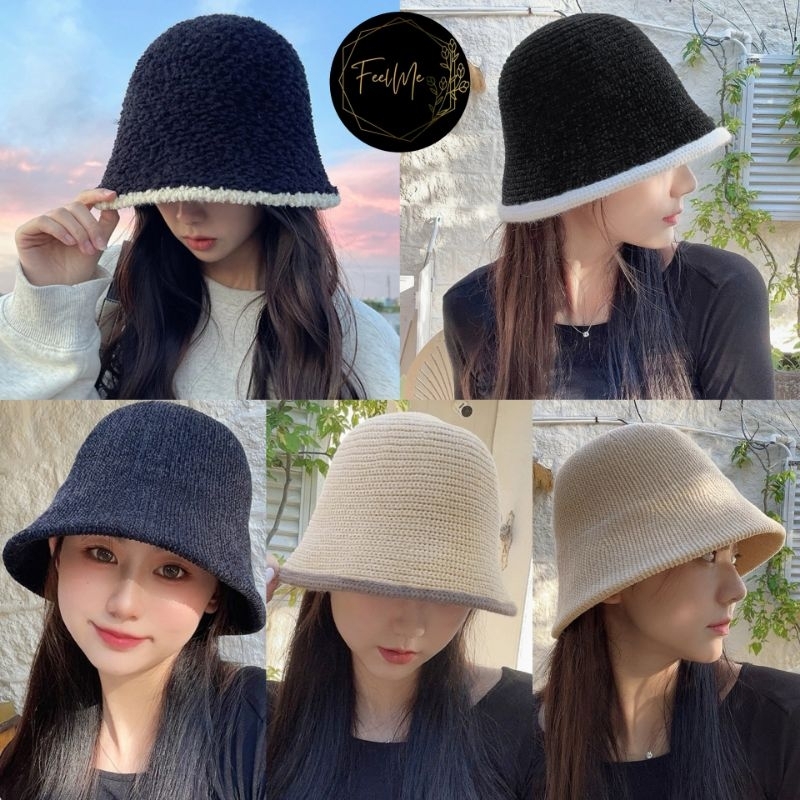 Jual Feelme KK-314 Topi Bucket Rajut Polos Tebal Topi Wanita Korean ...