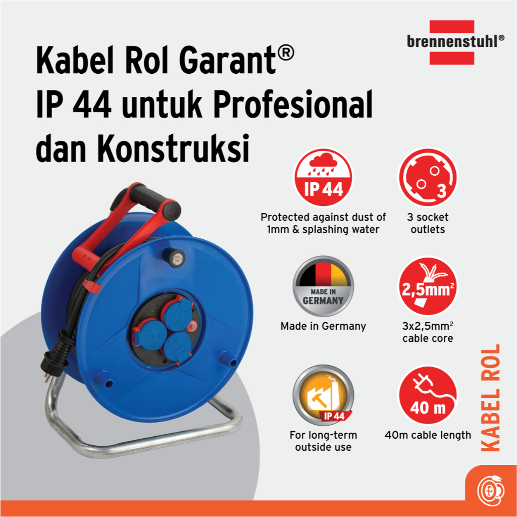 Brennenstuhl - Enrouleur De Câble Industriel 25m - Câble H07RN-F 3G1,5 - 3 Prises IP44 - Pour Chantier Et Extérieur - 9