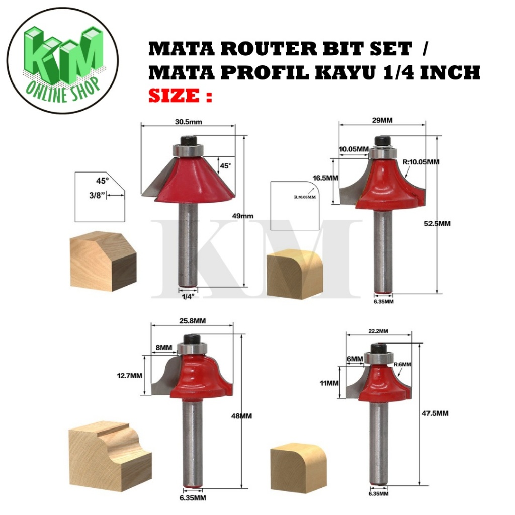 Jual Mata Router Bit Set 12 Pcs Mata Profil Set Mata Trimmer 1/4 Inch ...