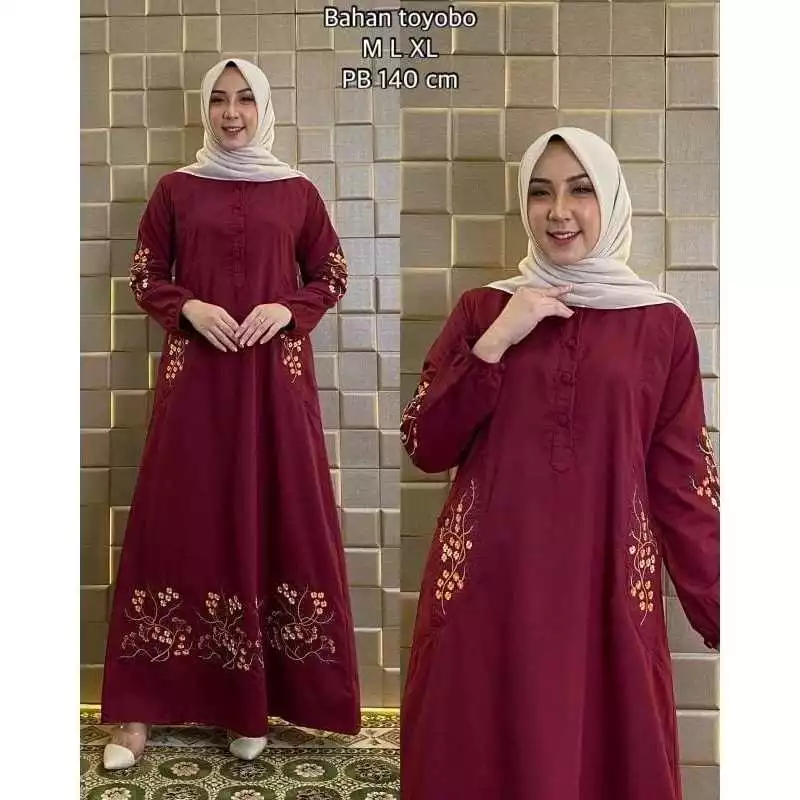 gamis muslimah modern simple detail bordir saku bahan katun toyobo