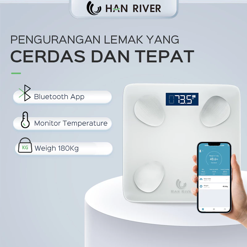 HAN RIVER Timbangan Badan Digital 180KG Smart Body Fat Scale Timbangan Layar LED Digital