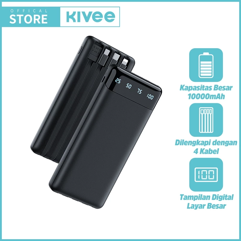 KIVEE Powerbank 10000 mAh Mini Fast Charging With Kabel Data lightning Type C Micro Original