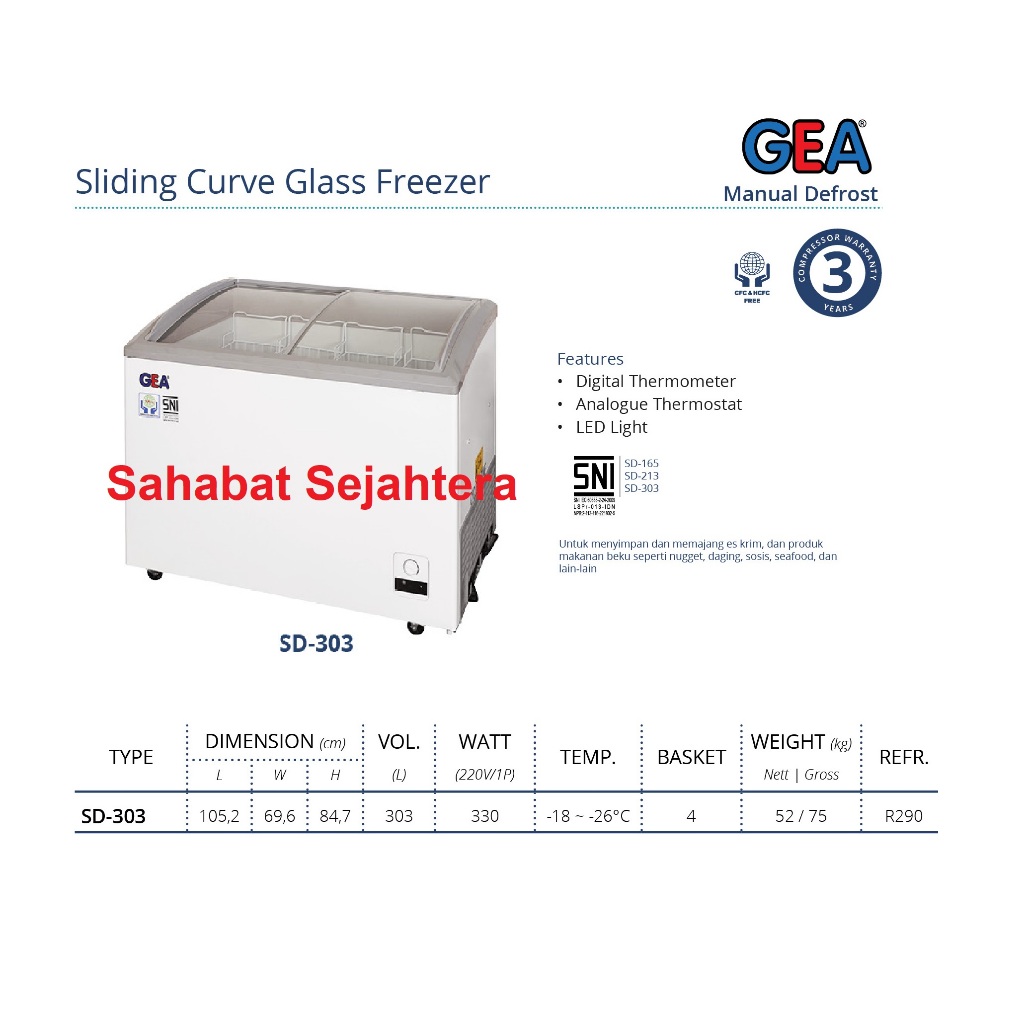 Jual GEA Sliding Curve Glass Freezer SD-303 Freezer Sliding Kaca