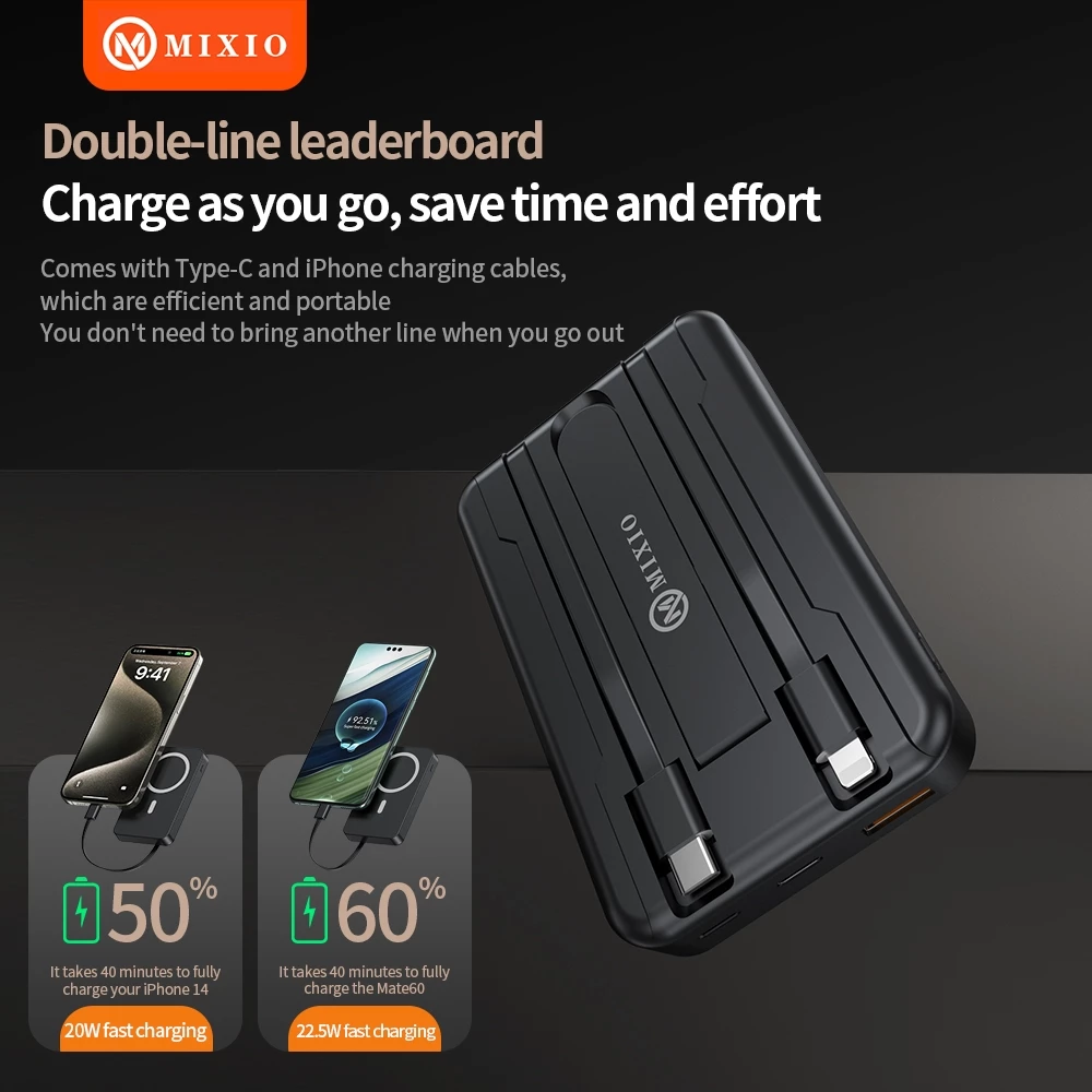 MIXIO MP-06 WIRELESS POWER BANK 10000MAH MAGNETIC MAGSAFE 20W FAST CHARGING TYPE C PD BUILD IN KABEL
