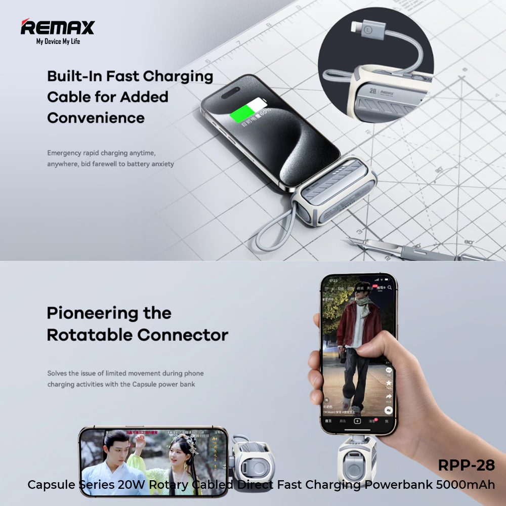 Remax Powerbank Fast 5000mAh 20W Build Cable&Conector iPh+Typ-C RPP-28