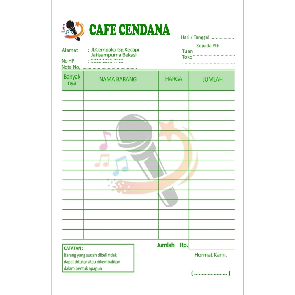 Jual Cetak Nota Cafe Custom Ukuran 1/4 Free Desain Nota Karoke | Shopee ...