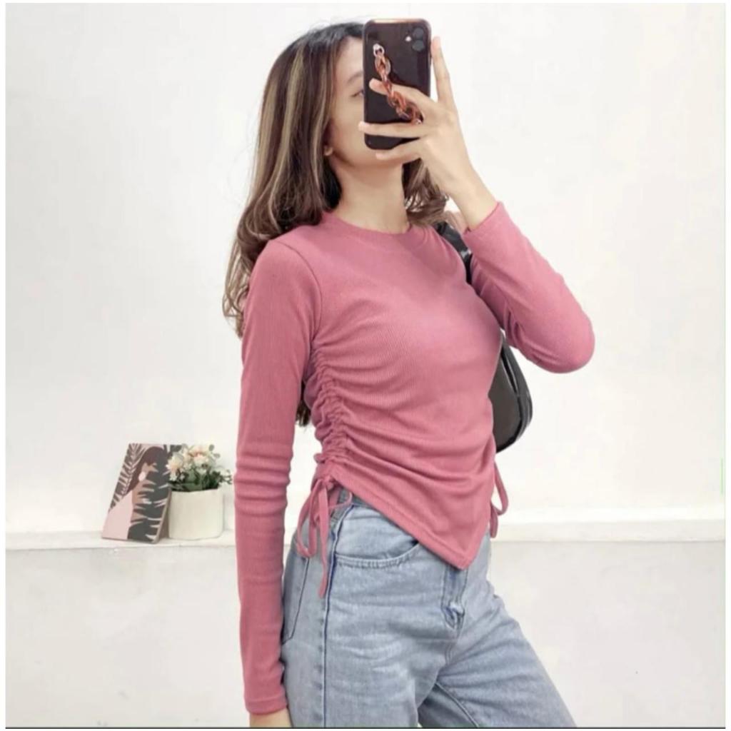 Crop serut samping kiri & kanan lengan panjang kerut tali top knit korea