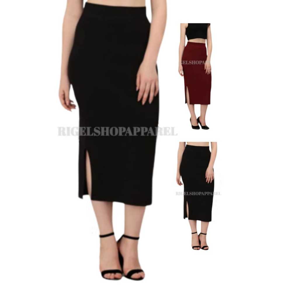 Jual MIDI SKIRT 3/4 PENSIL BELAH SAMPING ROK MIDI WANITA ROK MIDI POLOS ...