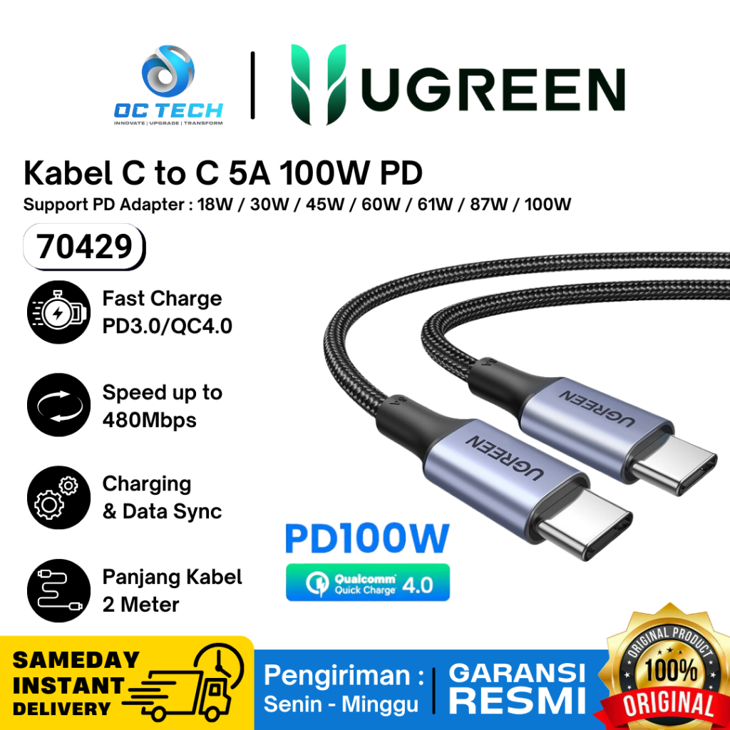 Jual UGREEN Kabel Type c to type c 100W PD Fast Charging 5A 1 Meter 2 ...