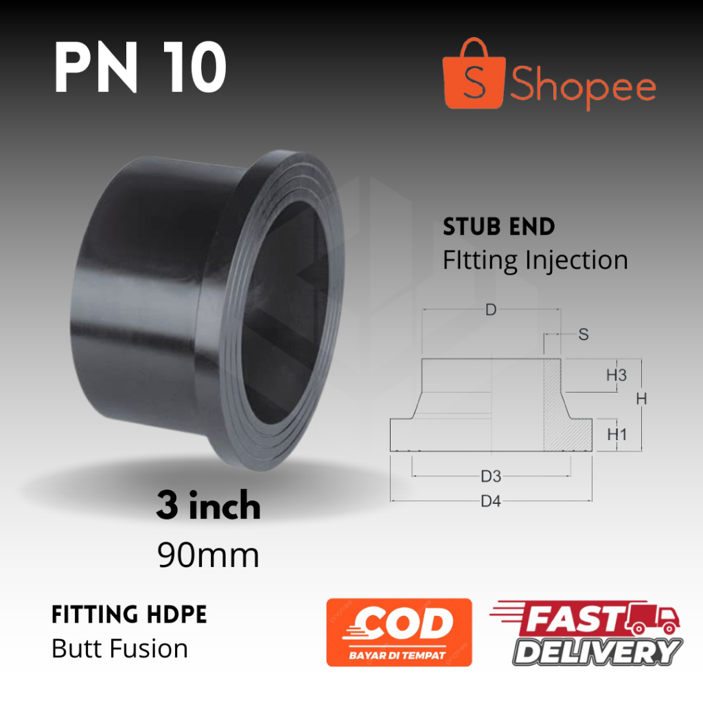 Jual Butt Fusion Stub End PN10 90mm (3 inch) Fitting HDPE Injection ...